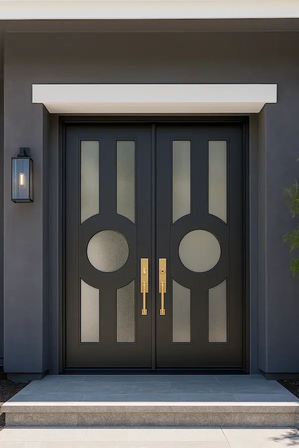 Impact double entry doors with frosted glass and modern hardware